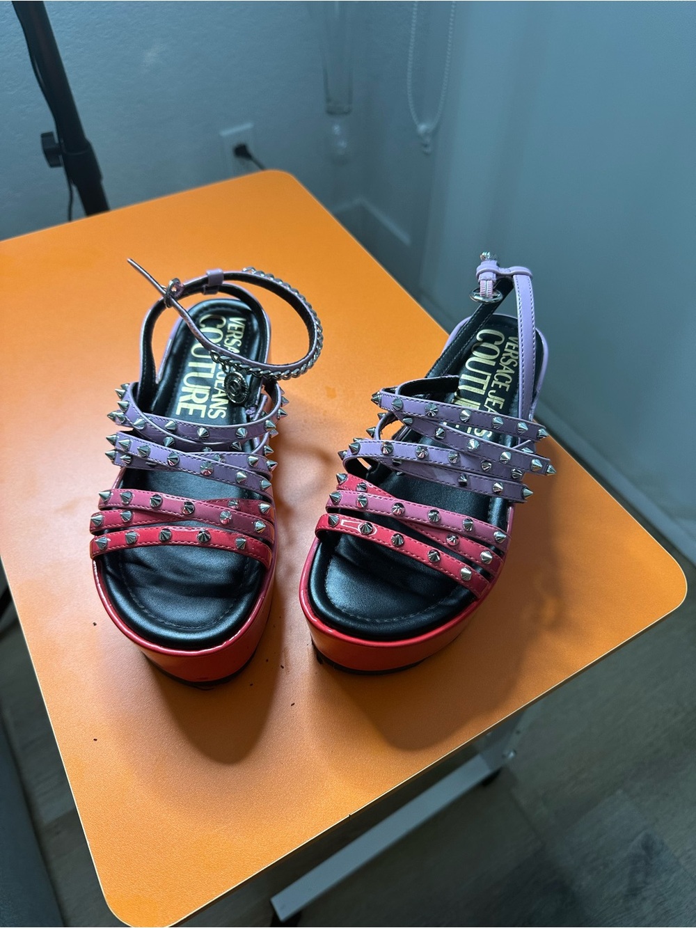 Versace Jeans Collection Pink & Red Studded Platform Sandals